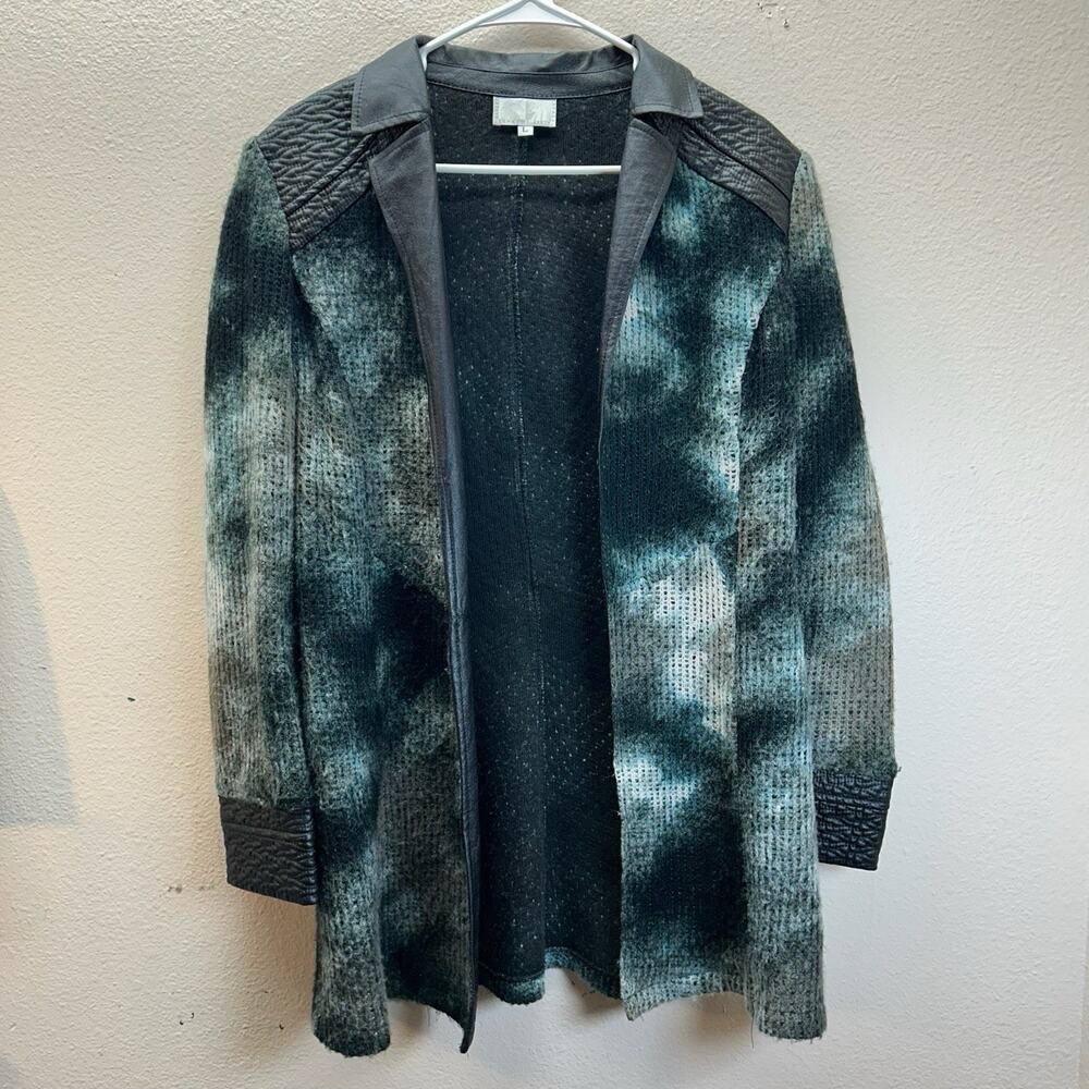 Vintage Alberto Makali Open Front Knit Cardigan Tie Dye Faux Leather Trim Size L